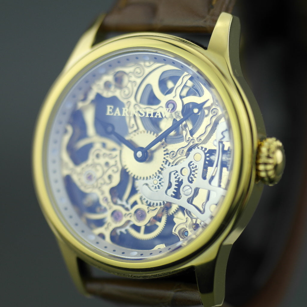 Thomas Earnshaw BAUER Reloj de pulsera mecánico chapado en oro con correa de piel marrón 