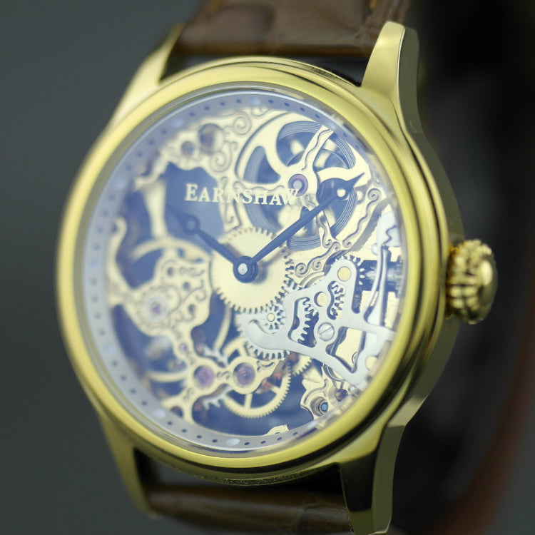 Thomas Earnshaw BAUER Gold plated Mechanical wrist watch with brown leather strap