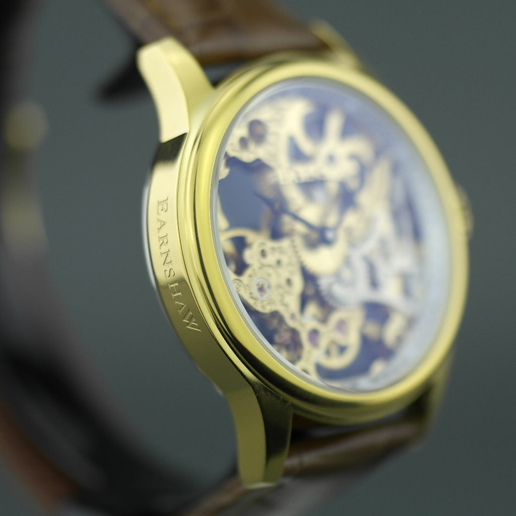 Thomas Earnshaw BAUER Reloj de pulsera mecánico chapado en oro con correa de piel marrón 