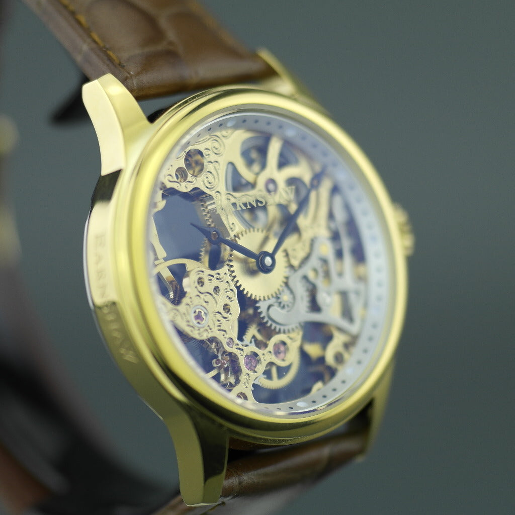 Thomas Earnshaw BAUER Gold plated Mechanical wrist watch with brown leather strap