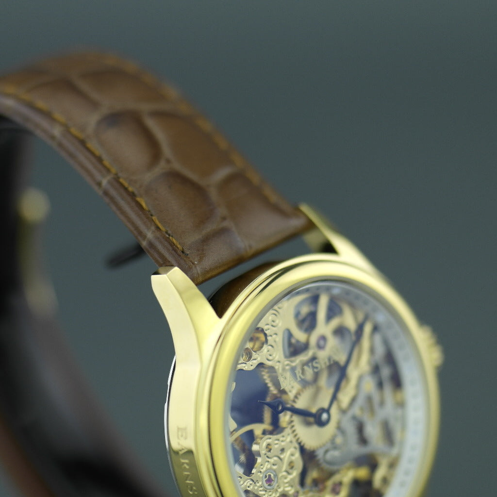 Thomas Earnshaw BAUER Reloj de pulsera mecánico chapado en oro con correa de piel marrón 