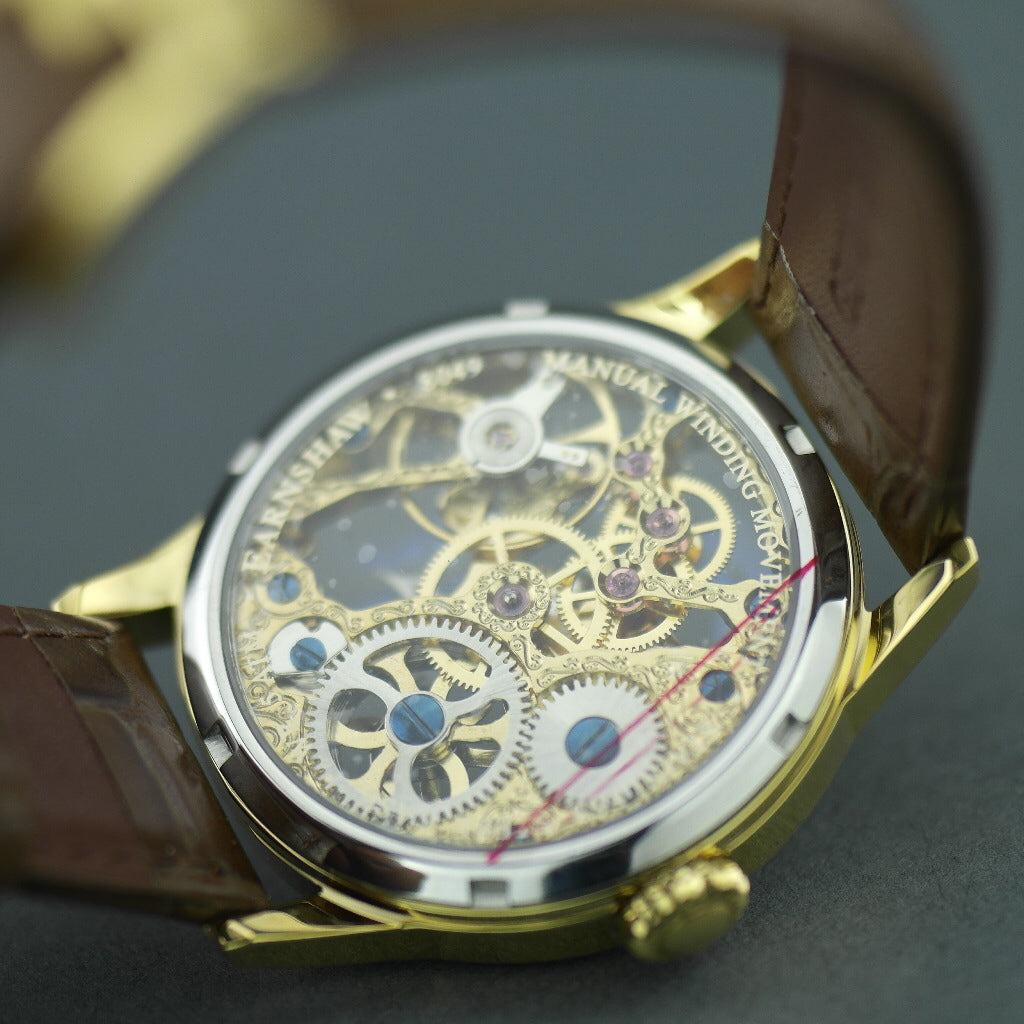 Thomas Earnshaw BAUER Reloj de pulsera mecánico chapado en oro con correa de piel marrón 