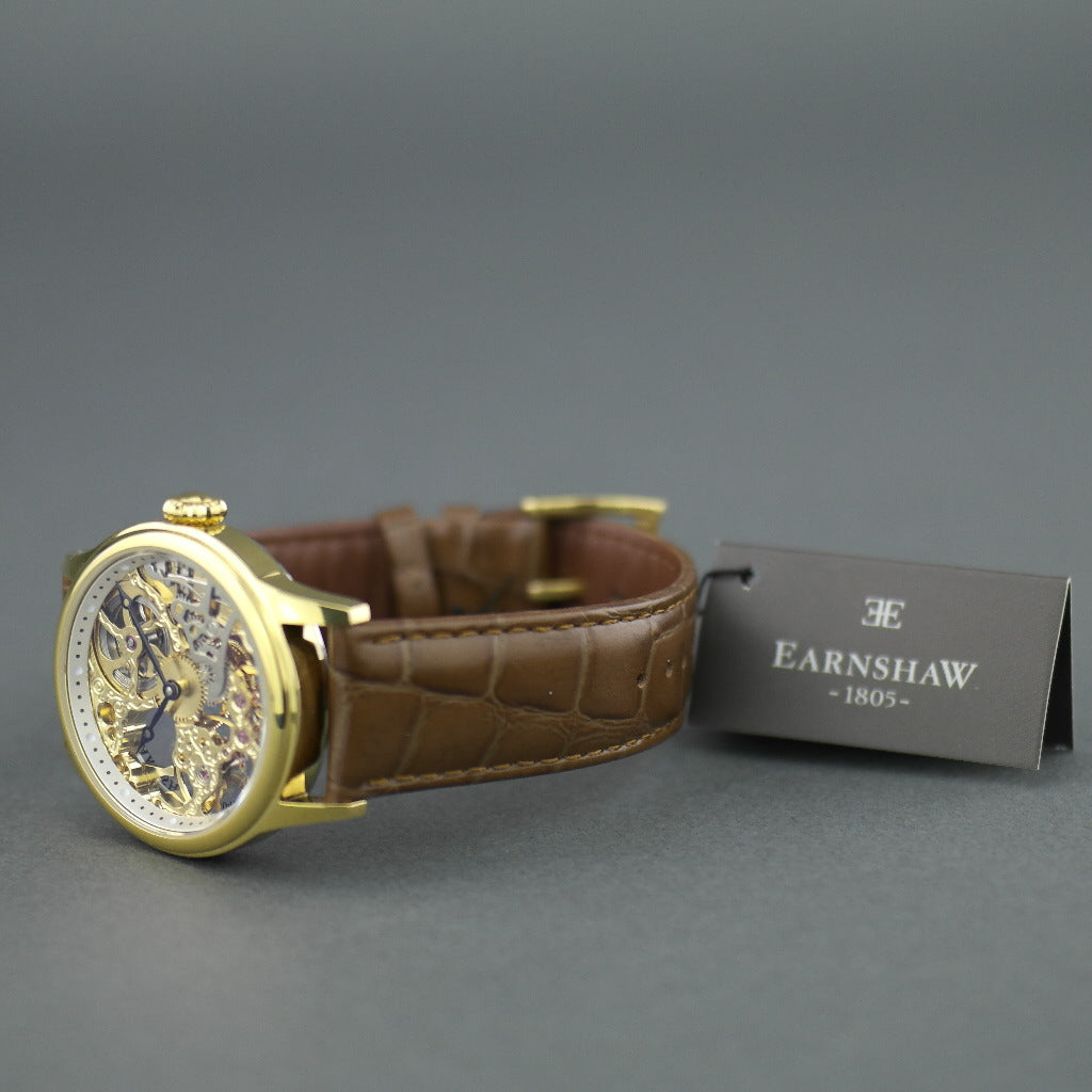 Thomas Earnshaw BAUER Reloj de pulsera mecánico chapado en oro con correa de piel marrón 