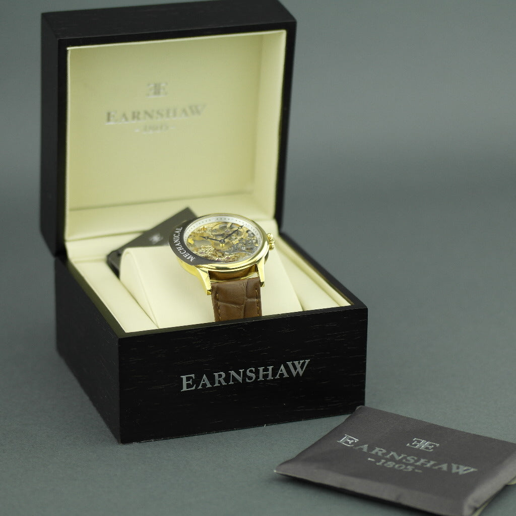Thomas Earnshaw BAUER Reloj de pulsera mecánico chapado en oro con correa de piel marrón 