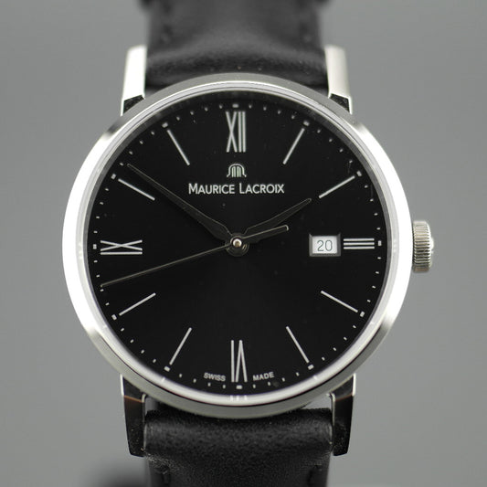 Maurice Lacroix Eliros Schweizer Armbanduhr mit Lederarmband und schwarzem Zifferblatt