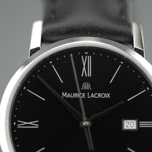 Maurice Lacroix Eliros Schweizer Armbanduhr mit Lederarmband und schwarzem Zifferblatt
