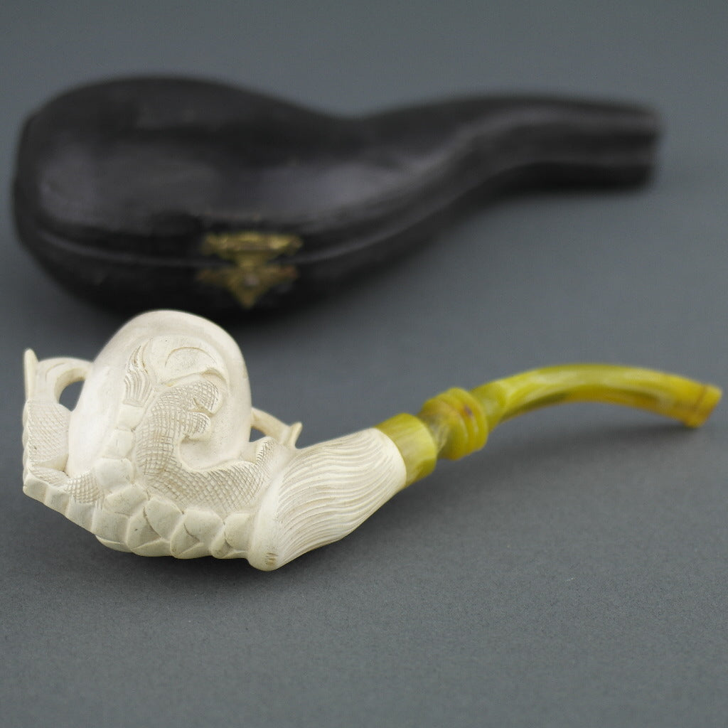 Antique Meerschaum pipe with carved Baltic Amber mouthpiece