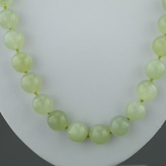 Antique Elegant Celadon Jade round beads knotted necklace Sterling silver clasp