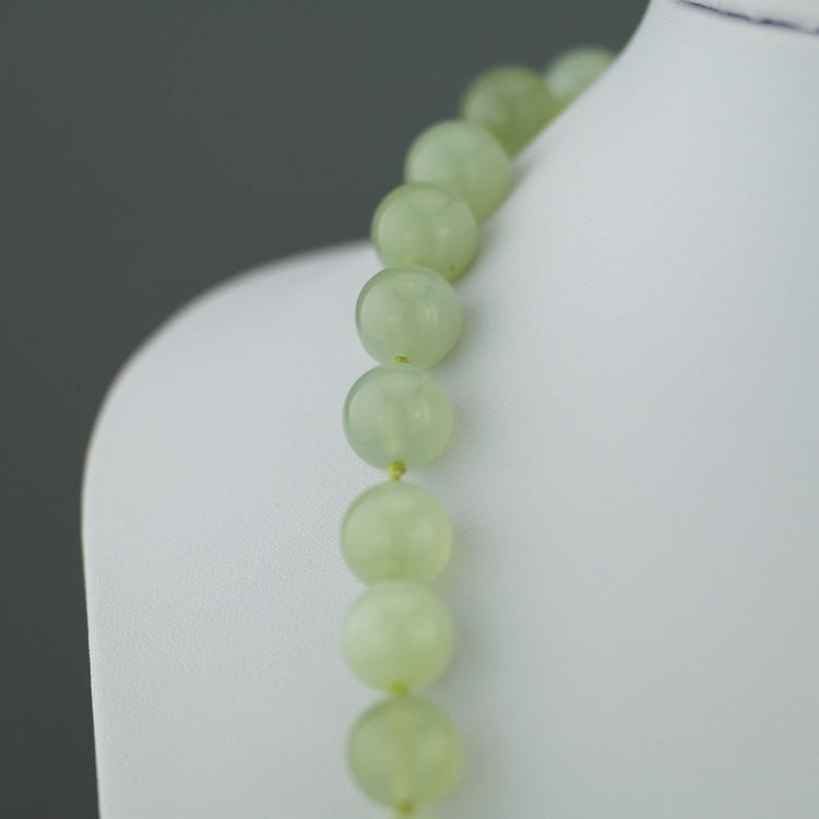 Antique Elegant Celadon Jade round beads knotted necklace Sterling silver clasp