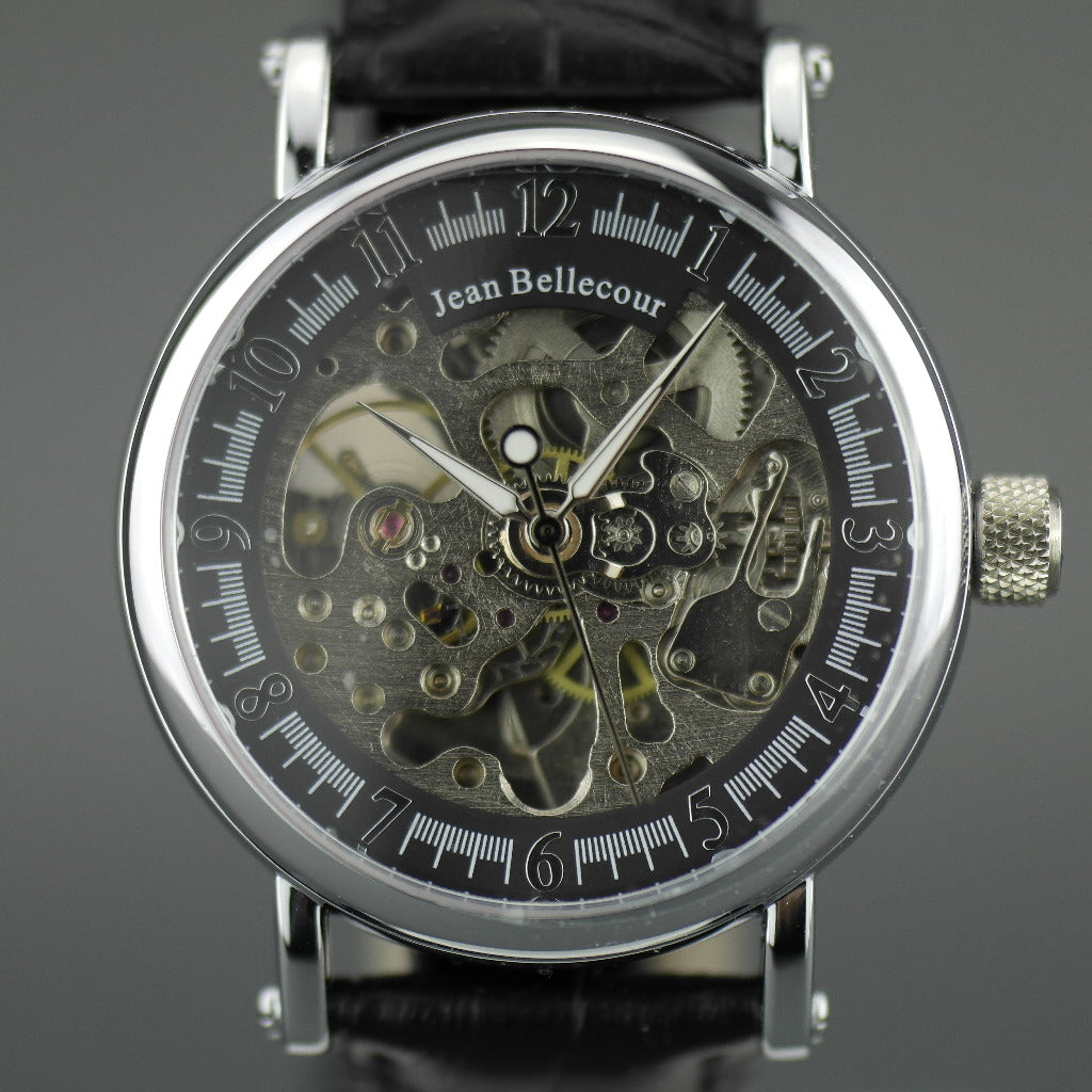 Jean Bellecour Automatic Skeleton Edition Armbanduhr mit schwarzem Lederarmband