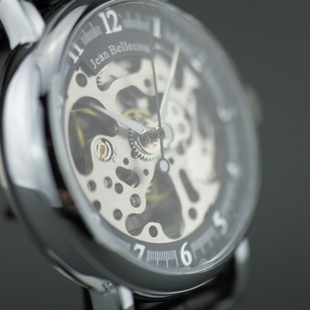 Jean Bellecour Automatic Skeleton Edition Armbanduhr mit schwarzem Lederarmband