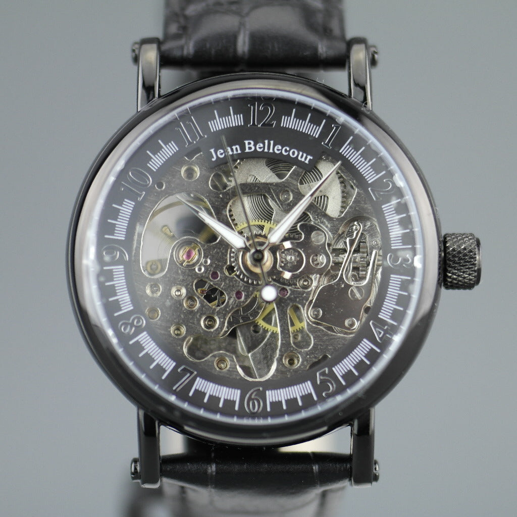 Jean Bellecour Automatic Black Skeleton Edition wrist watch leather strap