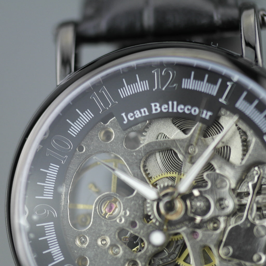 Jean Bellecour Automatic Black Skeleton Edition wrist watch leather strap