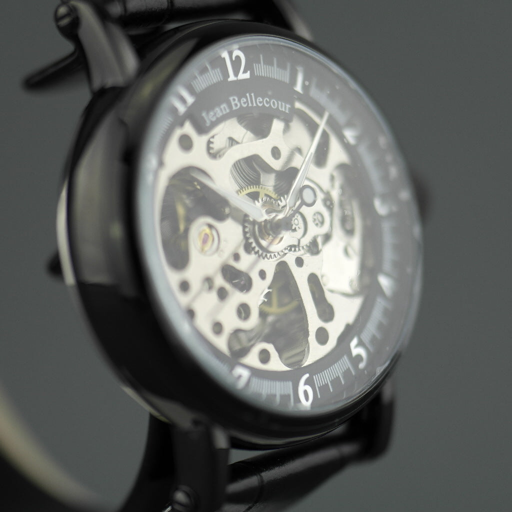 Jean Bellecour Automatic Black Skeleton Edition wrist watch leather strap