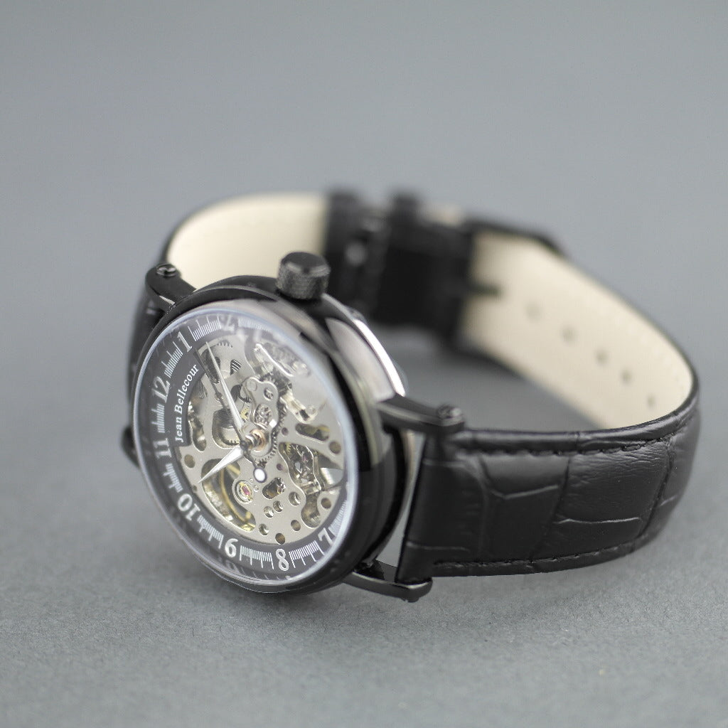 Jean Bellecour Automatic Black Skeleton Edition wrist watch leather strap