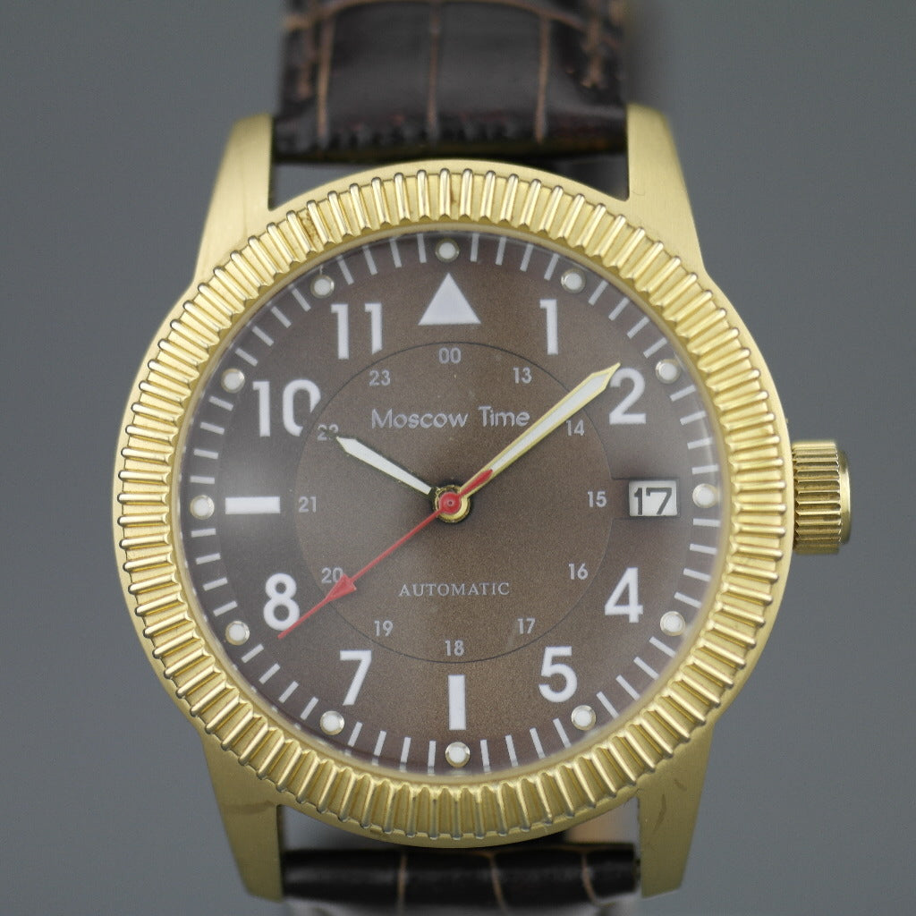 Moscow Time open heart automatic wrist watch with genuine leather strap