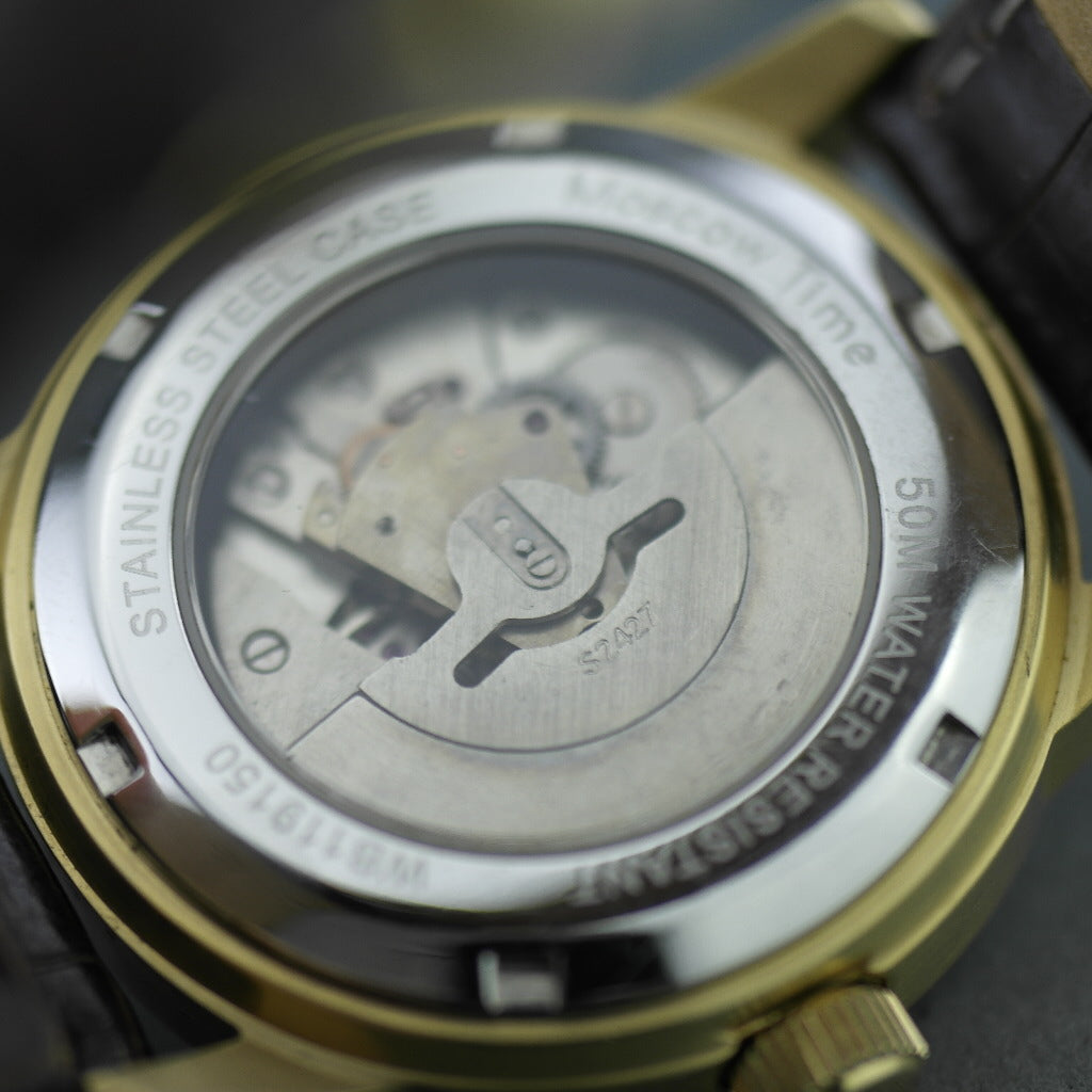 Reloj de pulsera automático con corazón abierto, hora de Moscú, con correa de piel auténtica.