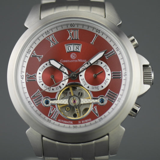 Constantin Weisz 35 Jewels Automatik-Armbanduhr mit offenem Herzen. Rotes Zifferblatt und Armband