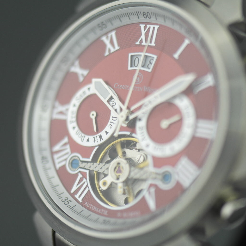 Constantin Weisz 35 Jewels Automatik-Armbanduhr mit offenem Herzen. Rotes Zifferblatt und Armband