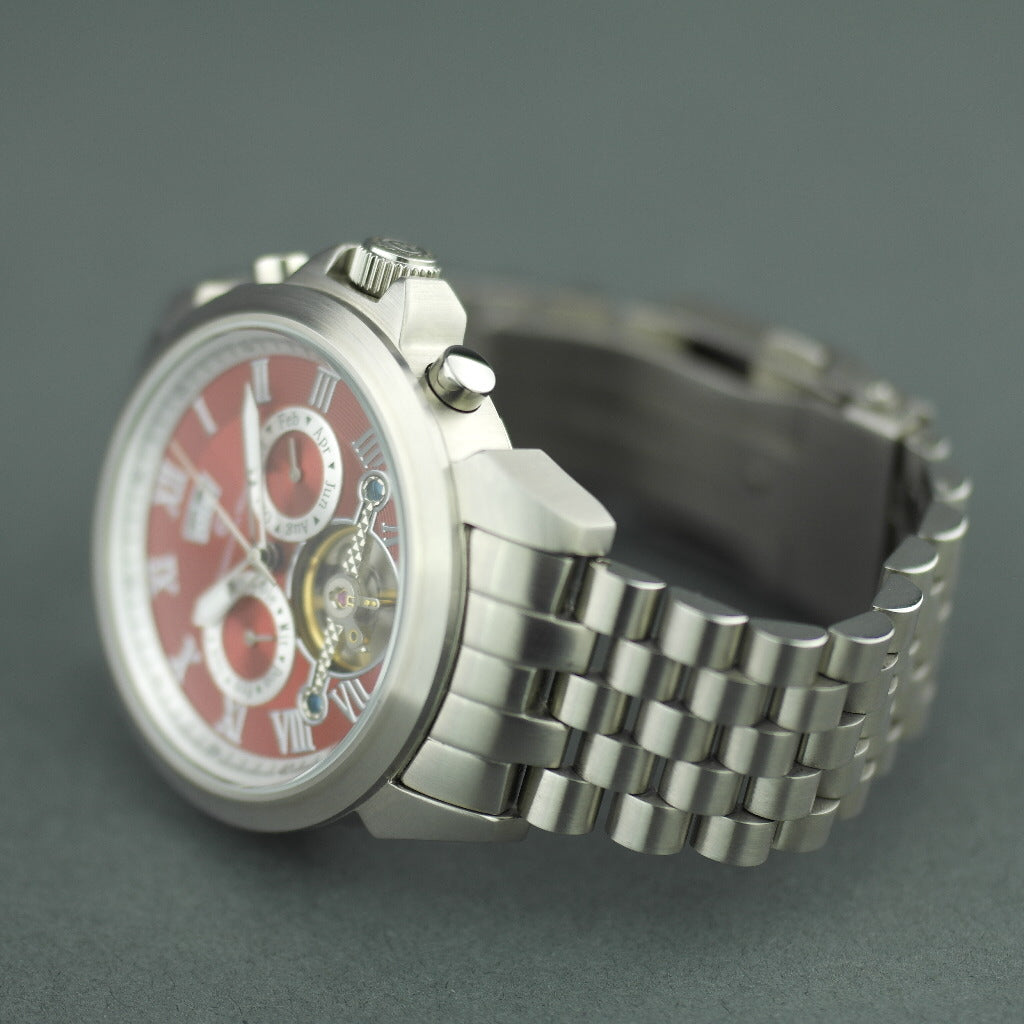 Constantin Weisz 35 Jewels Automatik-Armbanduhr mit offenem Herzen. Rotes Zifferblatt und Armband