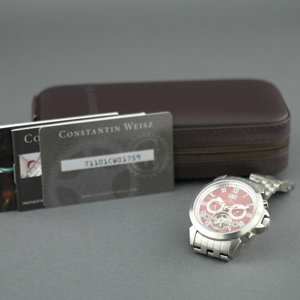 Constantin Weisz 35 jewels Automatic Open heart wrist watch Red dial stainless steel bracelet