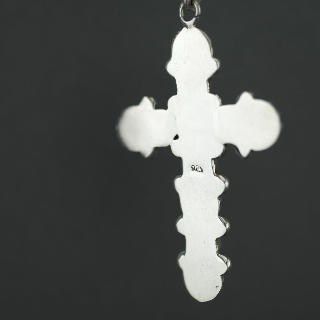 Vintage sterling silver cross pendant with amethyst cabochon stone