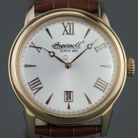 Ingersoll Grafton gold plated quartz wrist watch with Roman numerals and leather strap