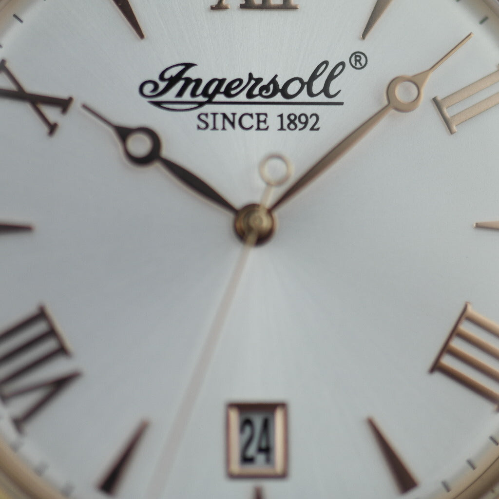 Reloj de pulsera Ingersoll Grafton de cuarzo chapado en oro con números romanos y correa de piel