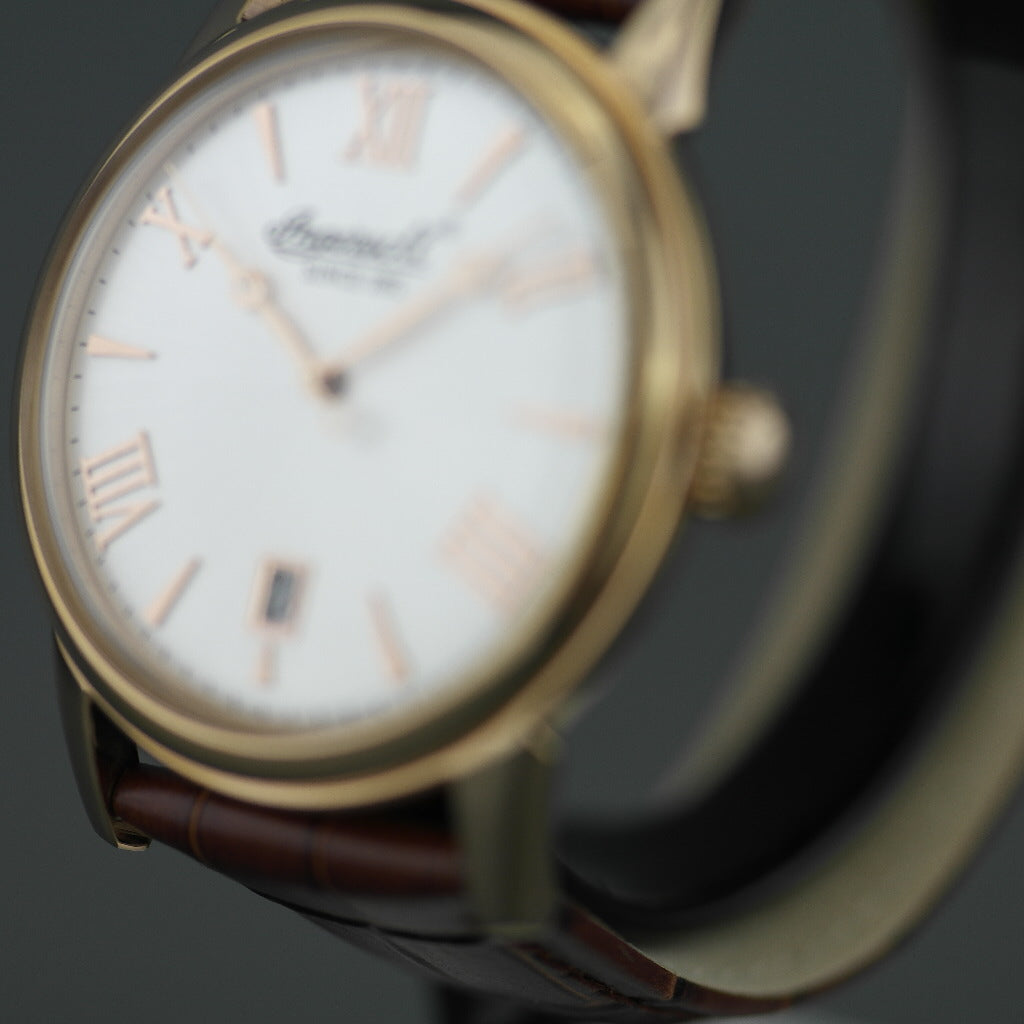 Ingersoll Grafton gold plated quartz wrist watch with Roman numerals and leather strap