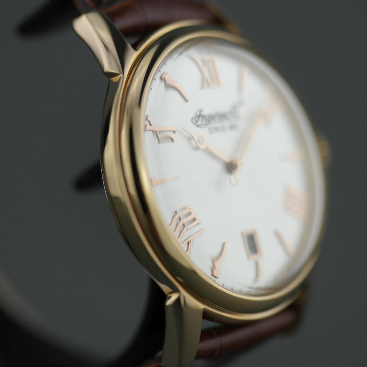 Ingersoll Grafton gold plated quartz wrist watch with Roman numerals and leather strap