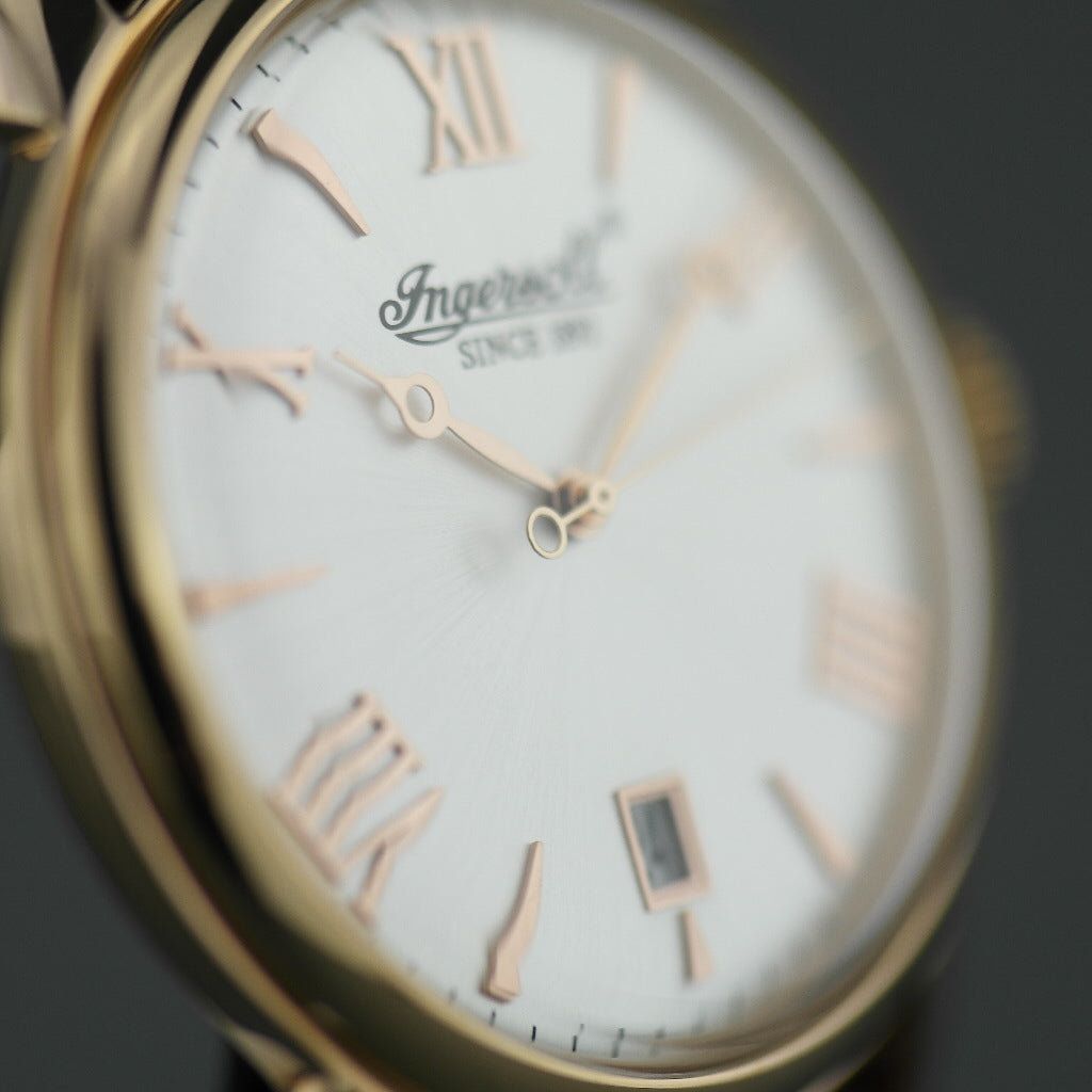 Reloj de pulsera Ingersoll Grafton de cuarzo chapado en oro con números romanos y correa de piel