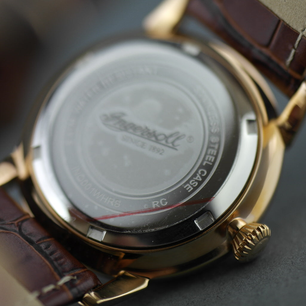 Ingersoll Grafton gold plated quartz wrist watch with Roman numerals and leather strap