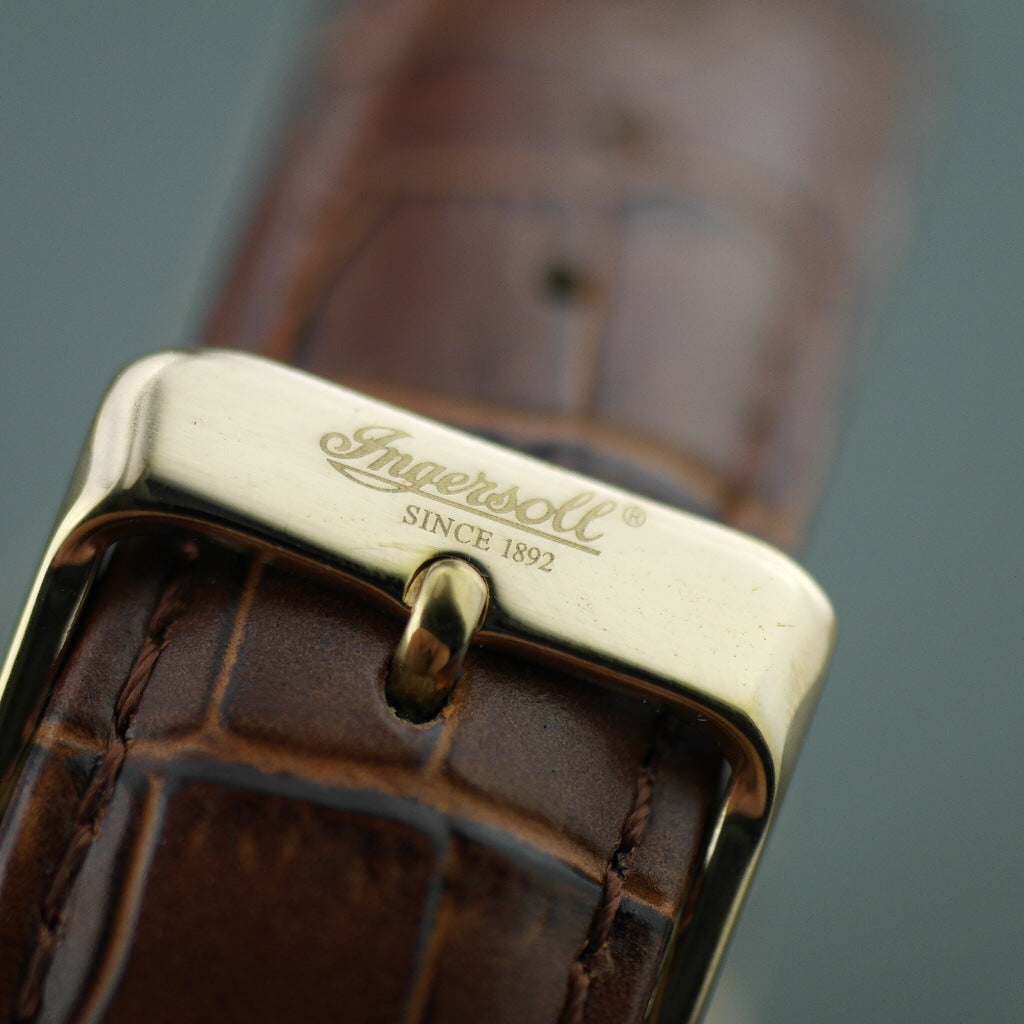 Ingersoll Grafton gold plated quartz wrist watch with Roman numerals and leather strap