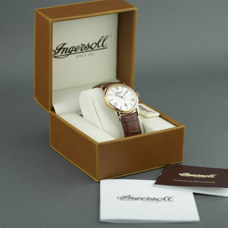 Ingersoll Grafton gold plated quartz wrist watch with Roman numerals and leather strap