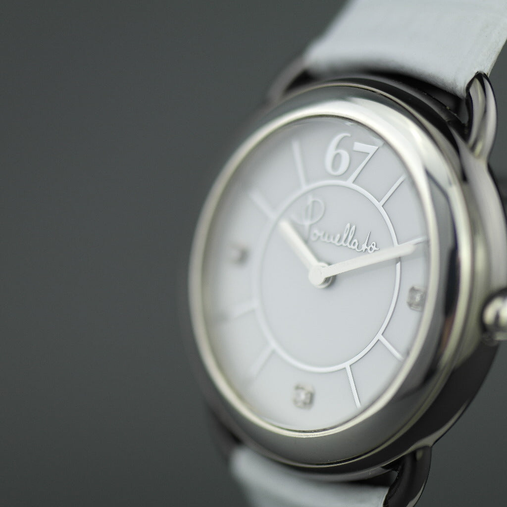 Pomellato 67 Limited Edition Damenarmbanduhr mit Diamanten, weißes Lederarmband 