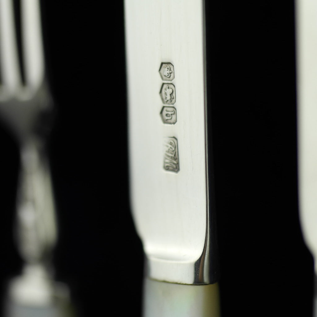 Antique 1925 Sheffield solid silver set of twelve forks and knives with Nacre handles