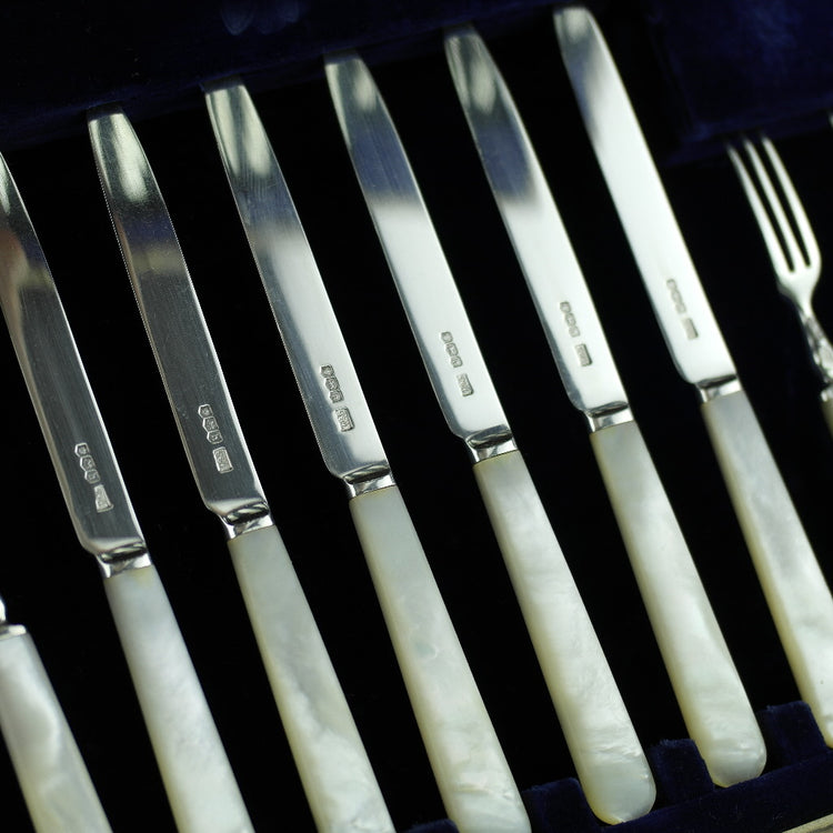 Antique 1925 Sheffield solid silver set of twelve forks and knives with Nacre handles