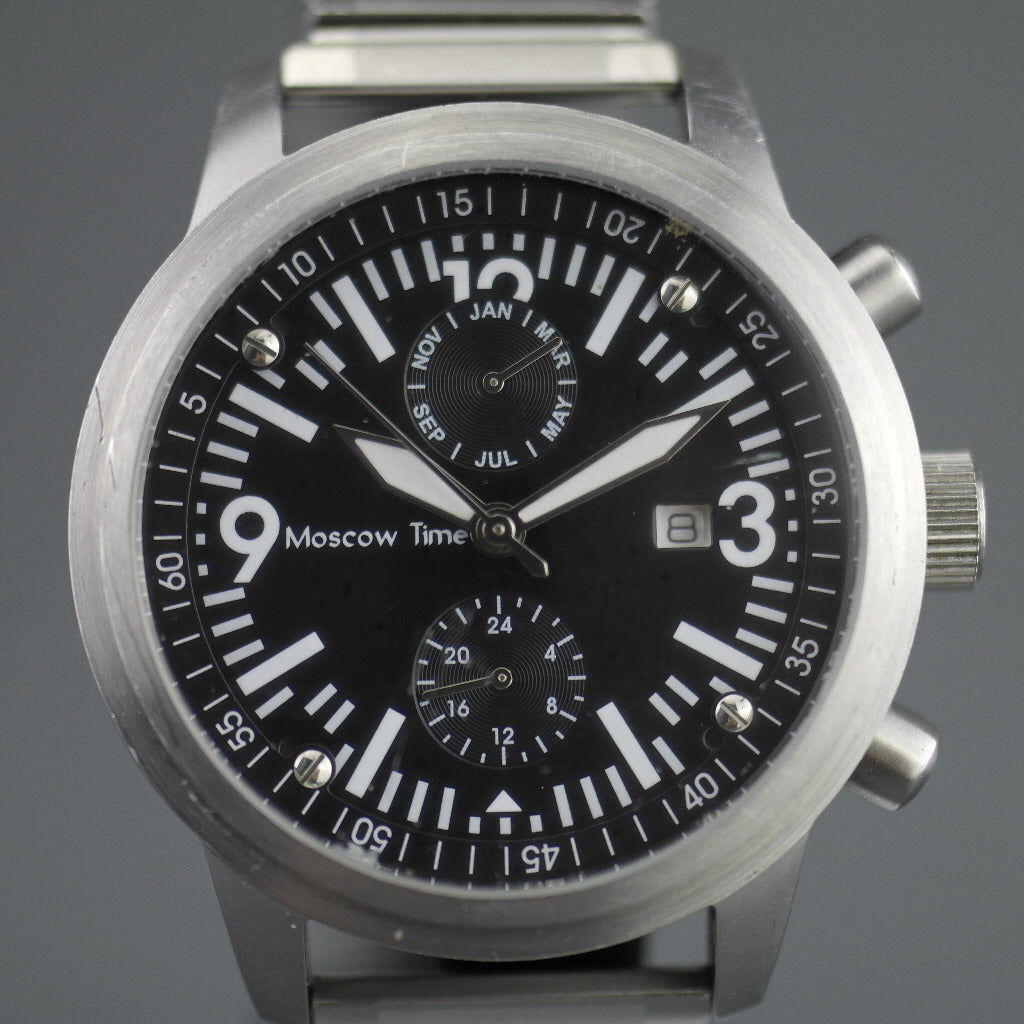 Moscow Time Chronograph Quartz black dial wrist watch with bracelet
