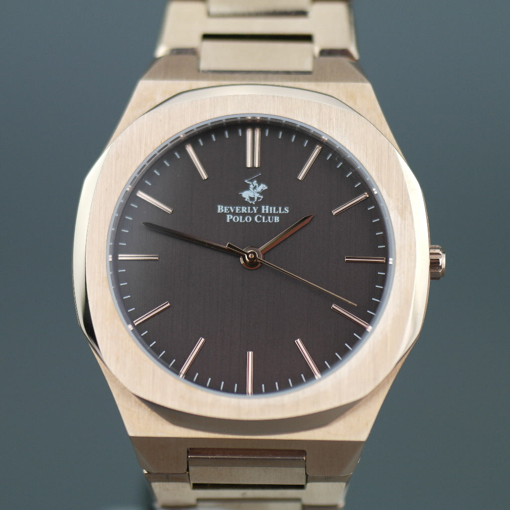 Beverly Hills Polo Club Reloj de pulsera chapado en oro de estilo icónico con esfera de bronce