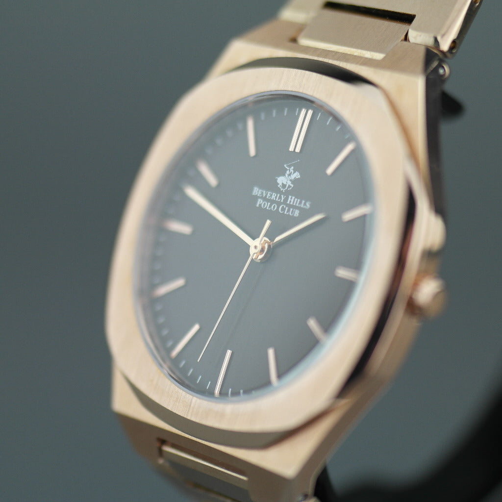 Beverly Hills Polo Club Reloj de pulsera chapado en oro de estilo icónico con esfera de bronce