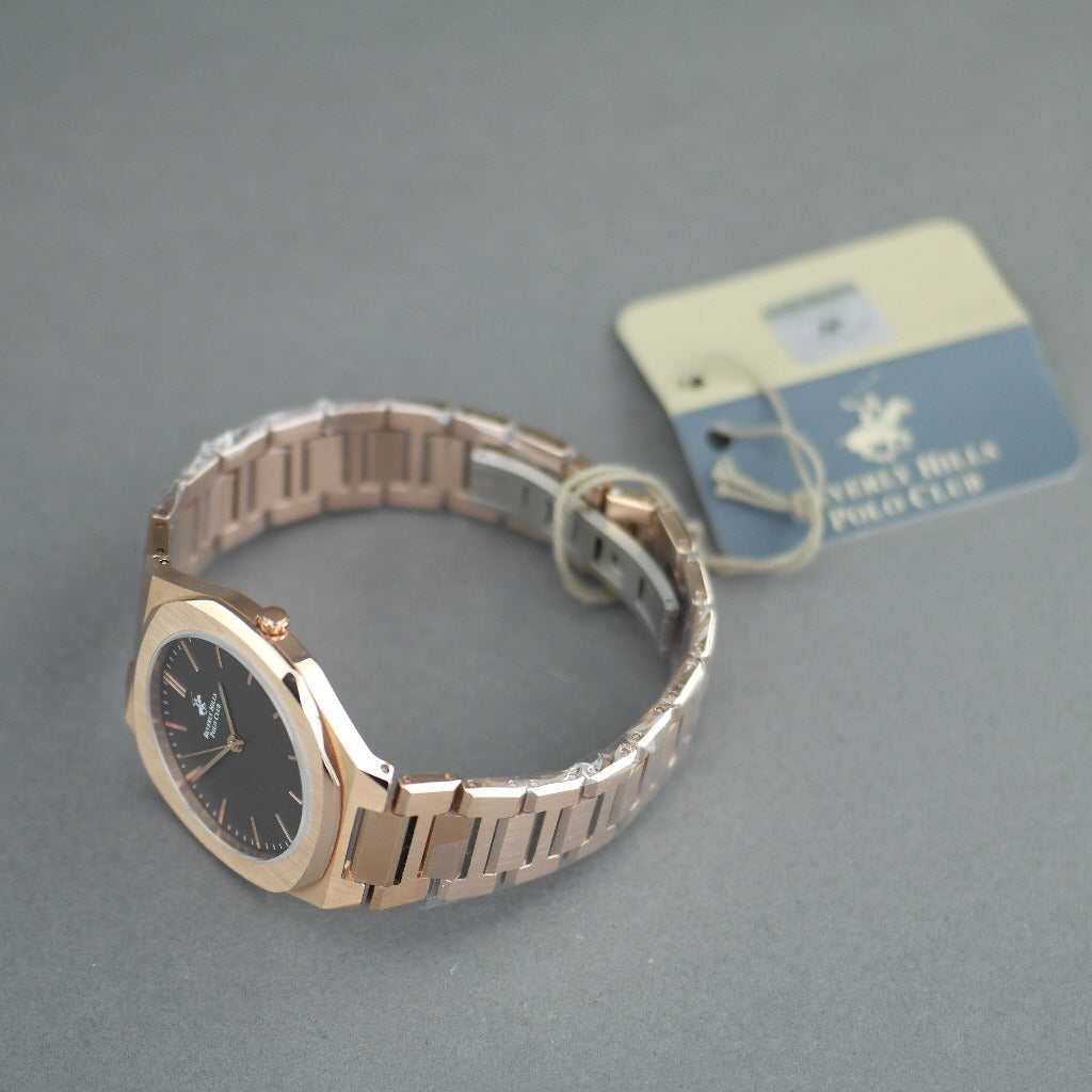 Beverly Hills Polo Club Reloj de pulsera chapado en oro de estilo icónico con esfera de bronce