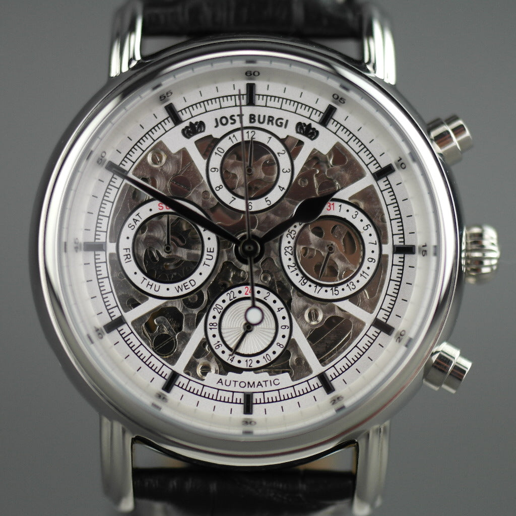 Jost Burgi Lugano Automatic 37mm watch white dial black leather strap