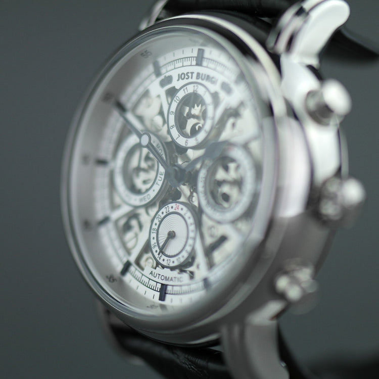 Jost Burgi Lugano Automatic 37mm watch white dial black leather strap