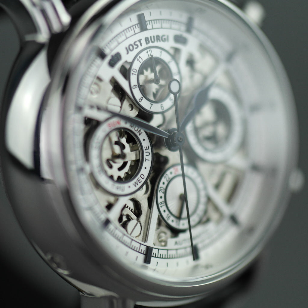 Jost Burgi Lugano Automatic 37mm watch white dial black leather strap