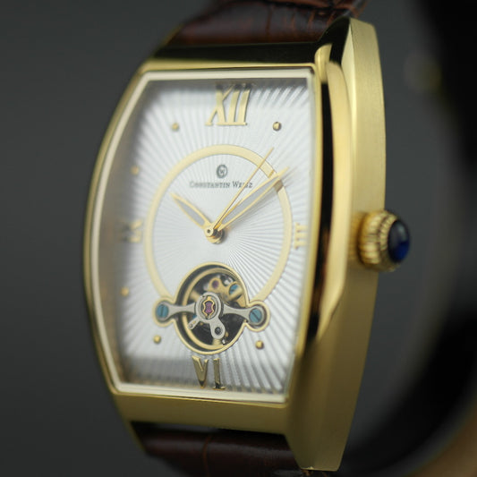 Constantin Weisz vergoldete mechanische Uhr mit braunem Lederarmband