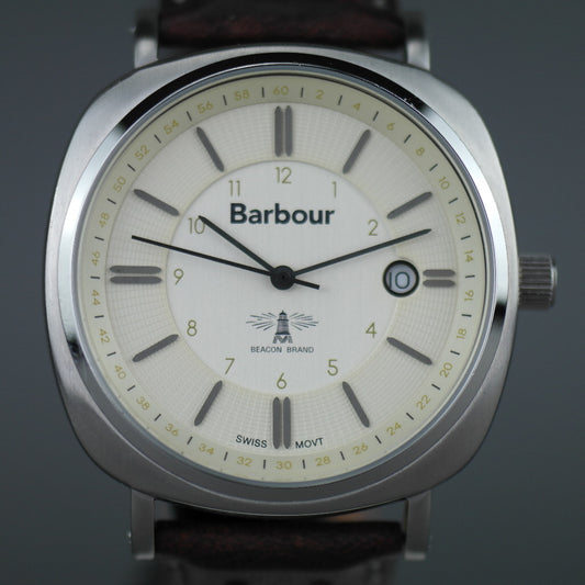 Barbour Beacon Drive Armbanduhr, weißes Zifferblatt mit Datum und Lederarmband
