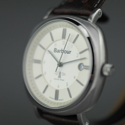 Barbour Beacon Drive Armbanduhr, weißes Zifferblatt mit Datum und Lederarmband