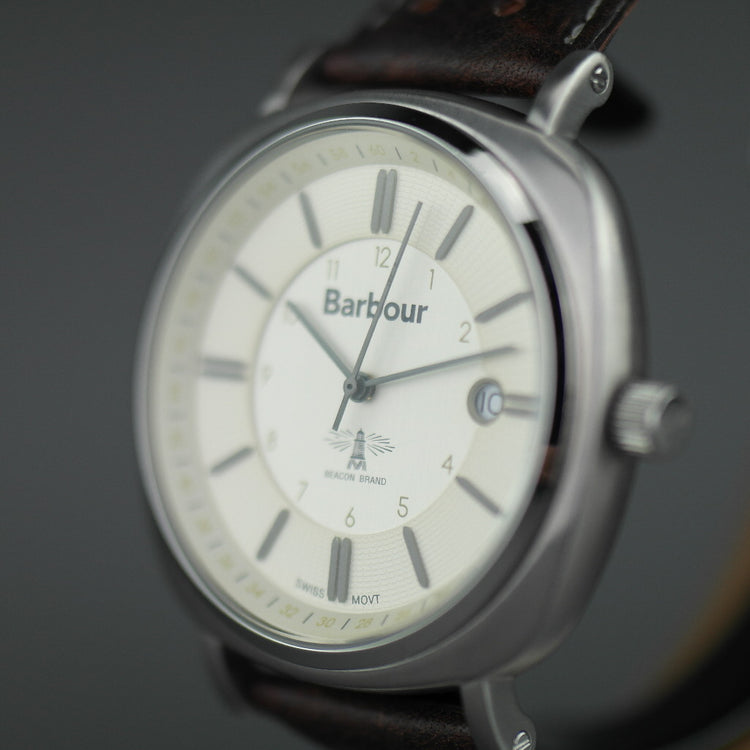 Barbour Beacon Drive wrist watch white dial with date and leather strap