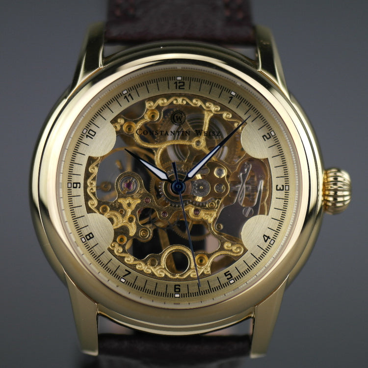 Constantin Weisz Gold plated Mechanical wrist watch skeleton dial and leather strap