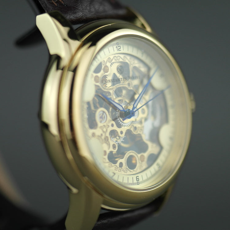 Constantin Weisz Reloj de pulsera mecánico chapado en oro con esfera esquelética y correa de cuero